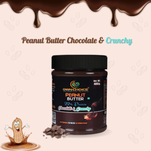 Front view of OWNCHOICE Chocolate & Crunchy Peanut Butter jar (400g) with melting chocolate design