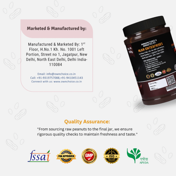 Manufacturer details with ISO, FSSAI, GMP, and FDA logos