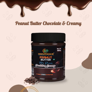 Front view of OwnChoice Peanut Butter Chocolate & Creamy 400g jar with rich chocolate theme