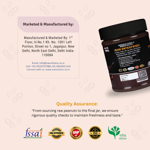 Back label and manufacturing details of OwnChoice Peanut Butter Chocolate & Creamy 400g