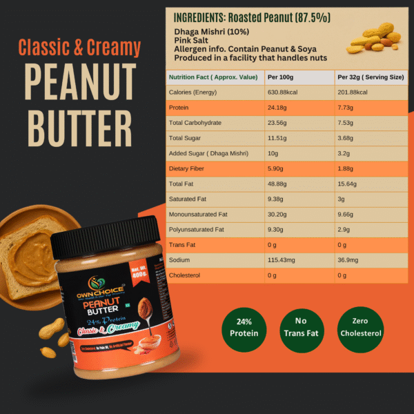 Ingredient label and nutrition chart of 400g Own Choice Classic & Creamy Peanut Butter