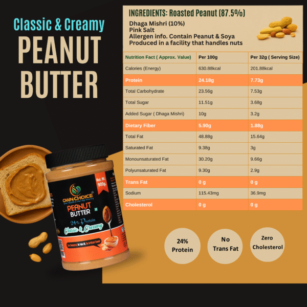 Nutrition label and ingredients of Own Choice Classic & Creamy Peanut Butter 900g
