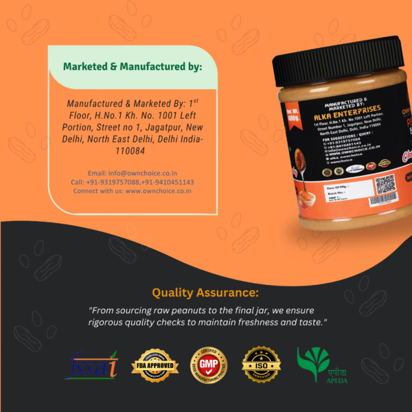 Manufacturer label and food certifications for Own Choice 400g Peanut Butter
