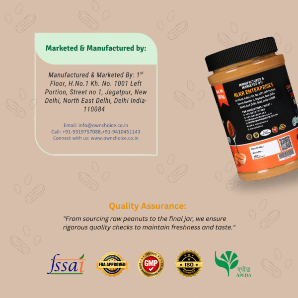 Manufacturer information and quality certifications for Own Choice Peanut Butter 900g