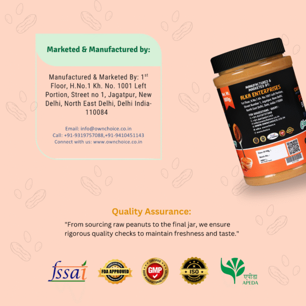 Manufacturer label and certifications for 900g Own Choice Peanut Butter