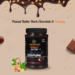 Front view of OWNCHOICE Peanut Butter Dark Chocolate & Creamy jar (900g) with chocolate and peanut elements