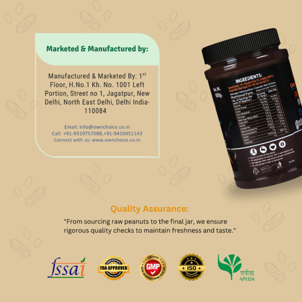 Manufacturer info and certifications for OWNCHOICE Dark Chocolate Peanut Butter 900g