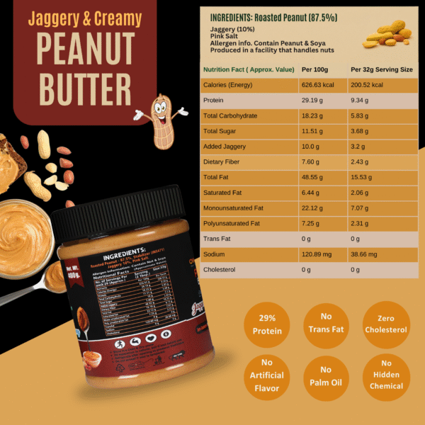 Ingredients and nutritional chart of OWNCHOICE Jaggery Peanut Butter 400g jar