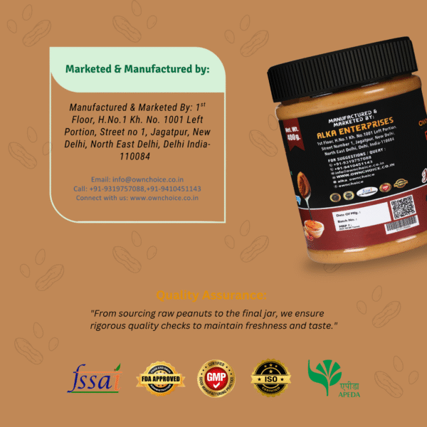Manufacturer and certification details of OWNCHOICE Jaggery & Creamy Peanut Butter 400g