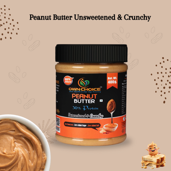 400g jar of OwnChoice peanut butter made from 100% roasted peanuts with crunchy texture
