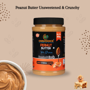 Jar of OwnChoice Unsweetened & Crunchy Peanut Butter with a swirl of peanut butter in a bowl, showcasing 900g pack with 30% protein