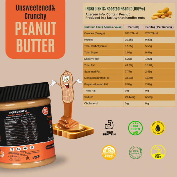 Ingredients and nutrition facts of OwnChoice Peanut Butter 400g showing 30% protein, 0g sugar, 0g trans fat