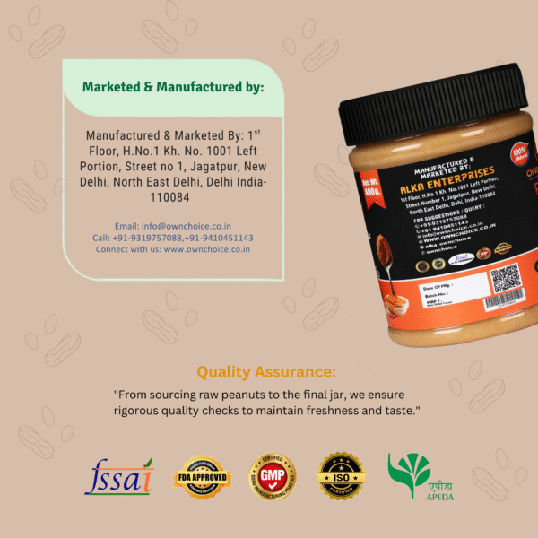 Back label of OwnChoice 400g peanut butter showing Alka Enterprises’ address, QR code, certifications like FSSAI, ISO, GMP